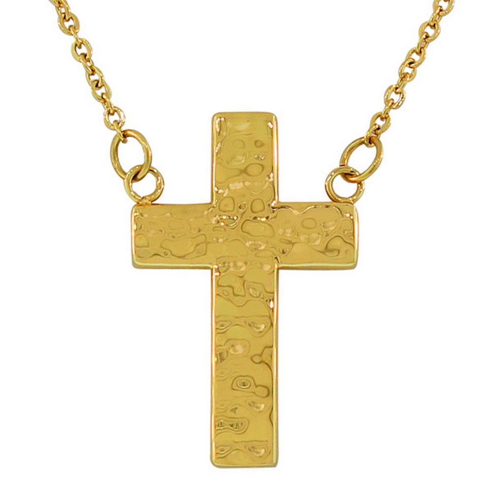 Stainless Steel Yellow Gold-Tone Hammered Finish Cross Pendant Necklace