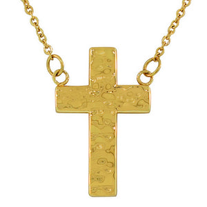 Stainless Steel Yellow Gold-Tone Hammered Finish Cross Pendant Necklace