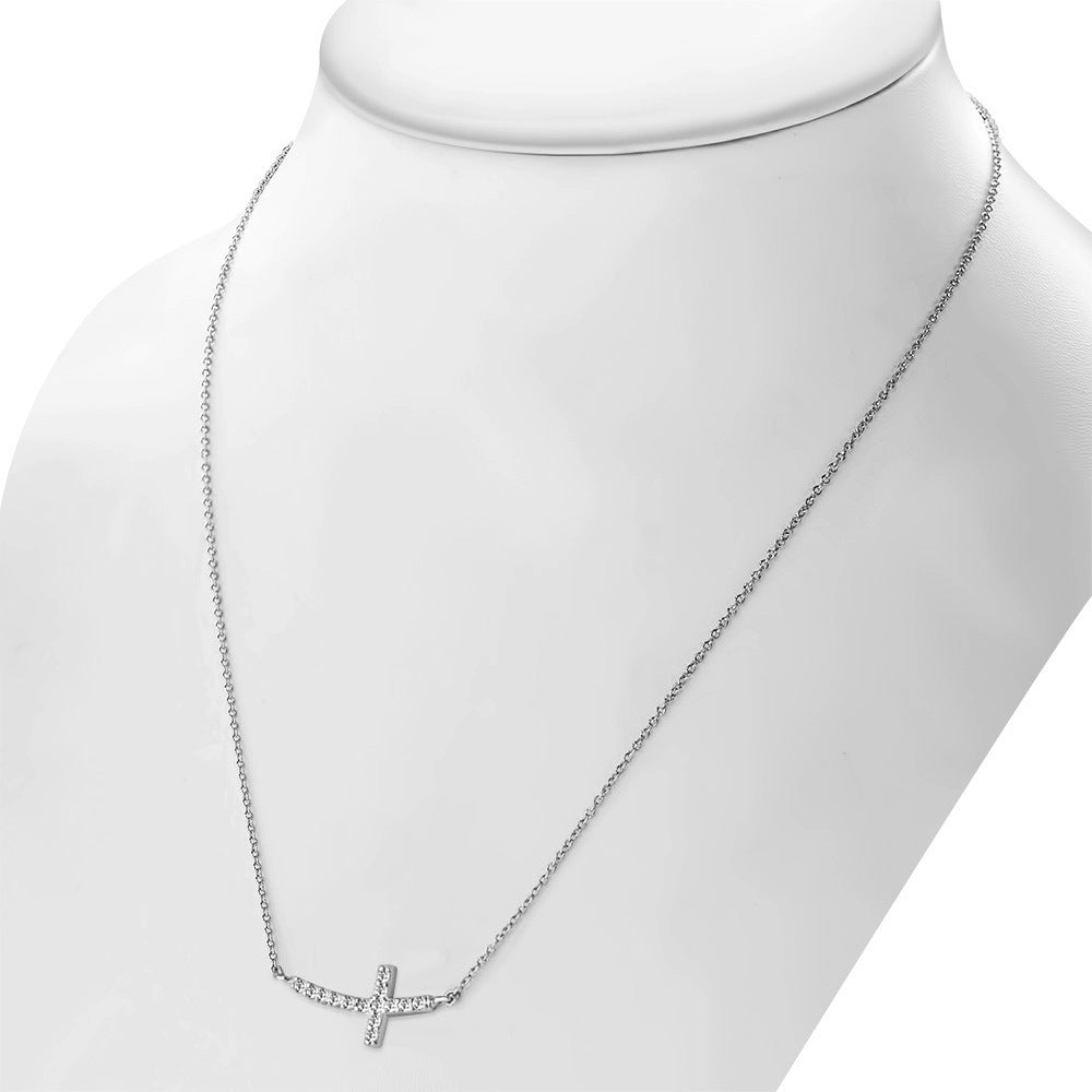 925 Sterling Silver Womens Sideways Religious Cross White CZ Pendant Necklace
