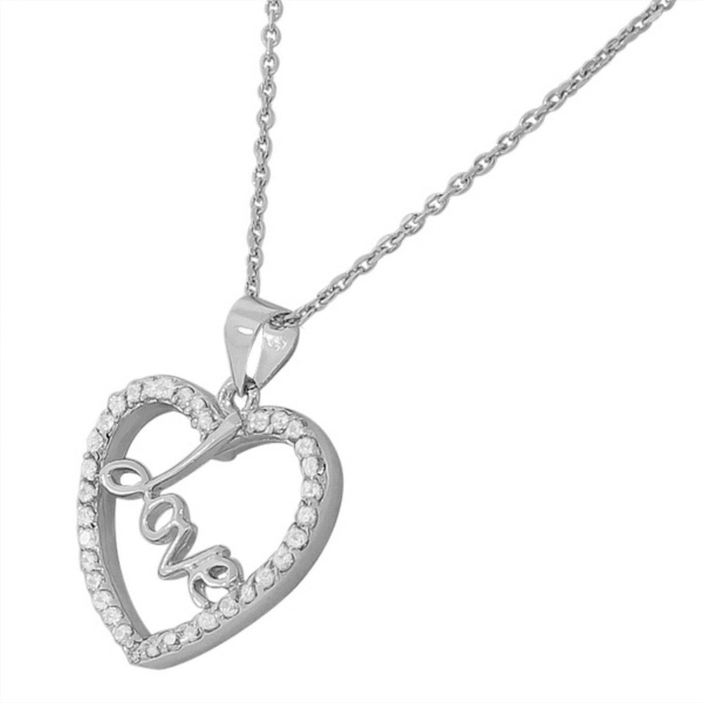 Sterling Silver Love Heart White CZ Pendant Necklace