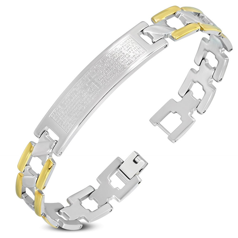 Stainless Steel Two-Tone Lords Prayer Padre Nuestro Spanish Mens Link Bracelet