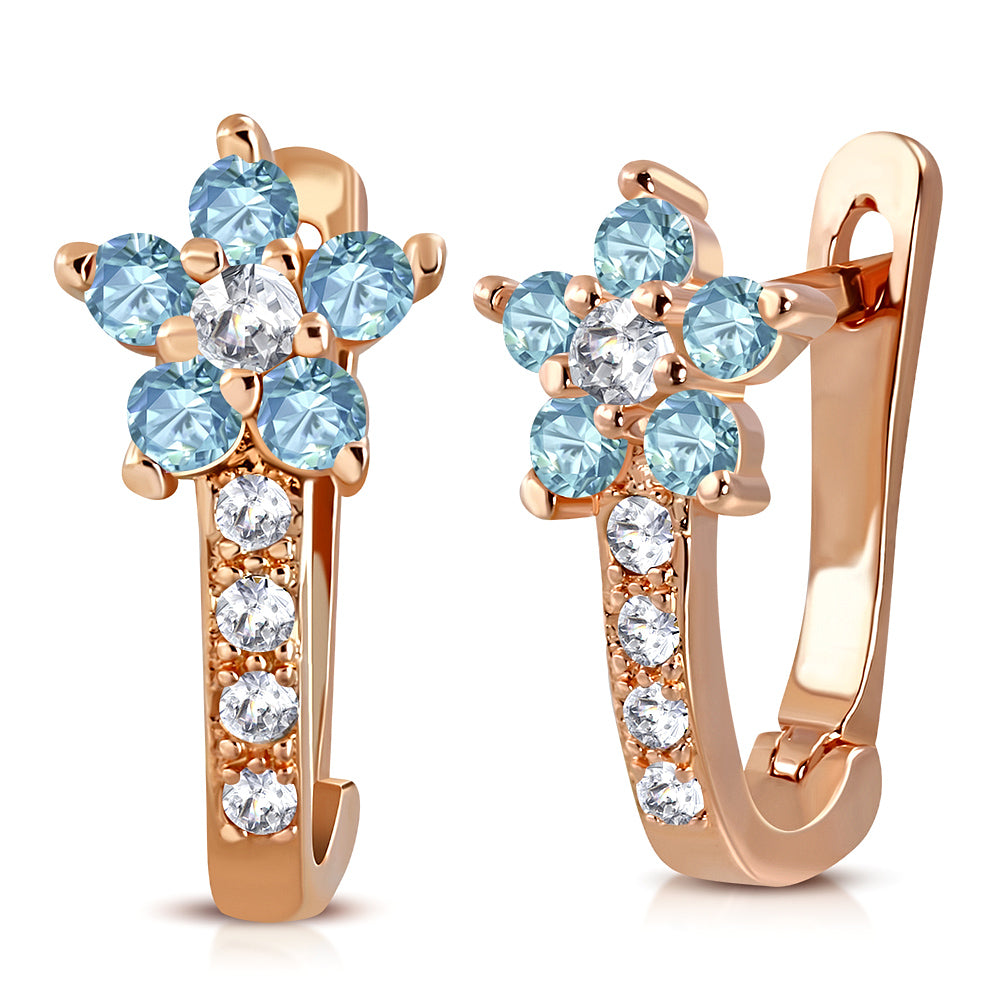 925 Sterling Silver Rose Gold-Tone Aquamarine-Tone CZ Small Girls Hoop Huggie Flower Floral Earrings, 0.5"