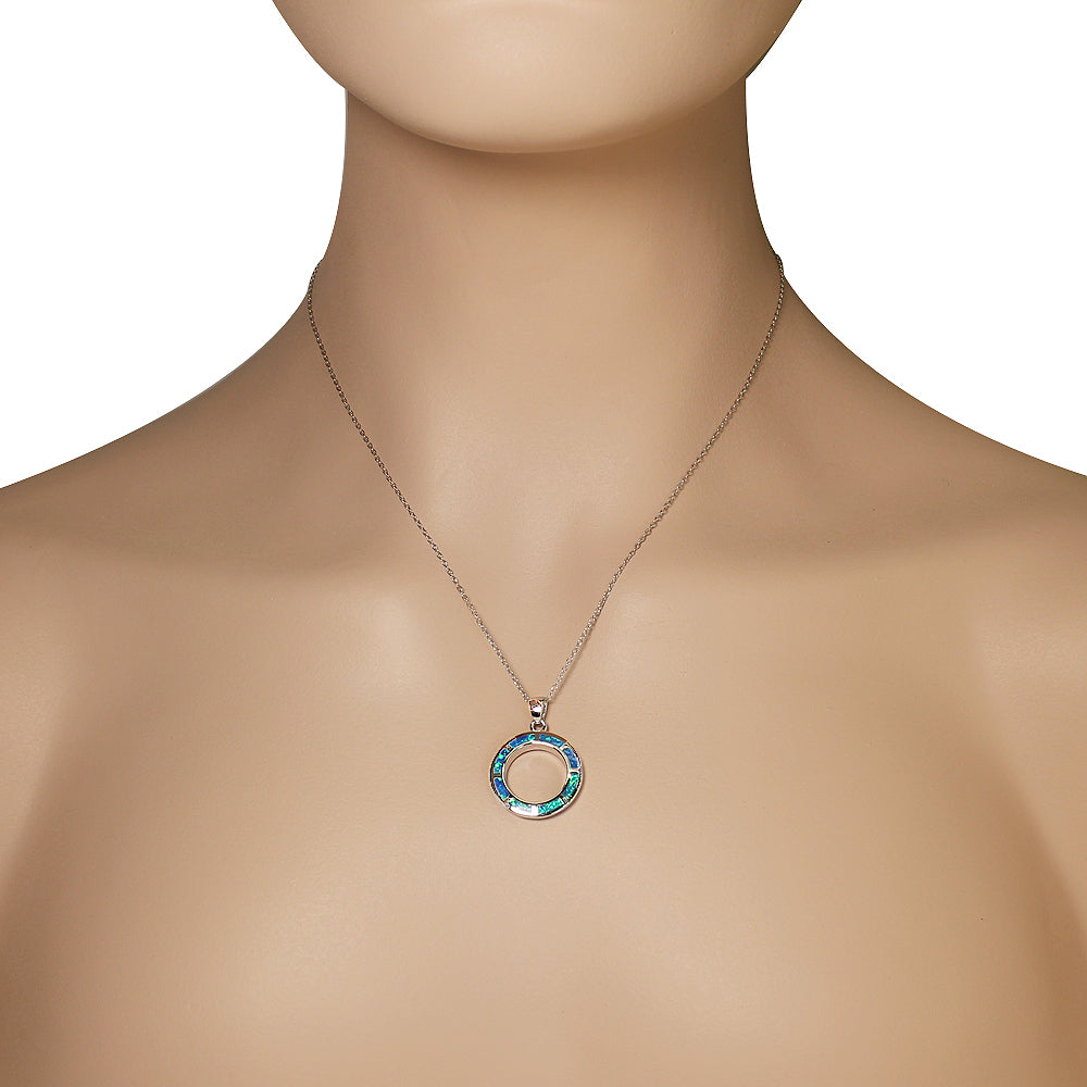 925 Sterling Silver Blue Turquoise-Tone Simulated Opal Circle of Life Pendant Necklace