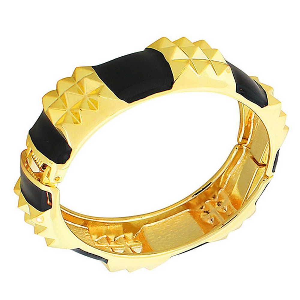 Fashion Alloy Yellow Gold-Tone Black Enamel Spikes Bangle Bracelet