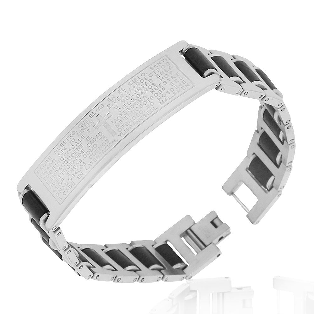 Stainless Steel Black Rubber Silver-Tone Lords Padre Nuestro Prayer Spanish Mens Bracelet