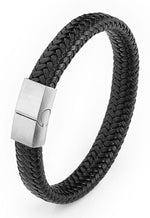 My Daily Styles Mens Black Genuine Leather Bracelet with Stainless Steel Magnetic Lock 8"