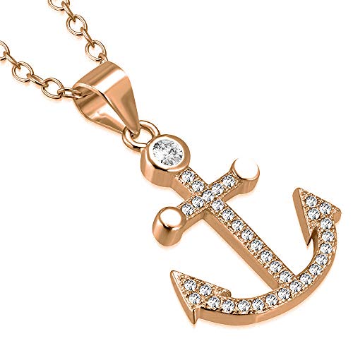 Sterling Silver Yellow Gold-Tone White Clear CZ Anchor Marine Pendant Necklace