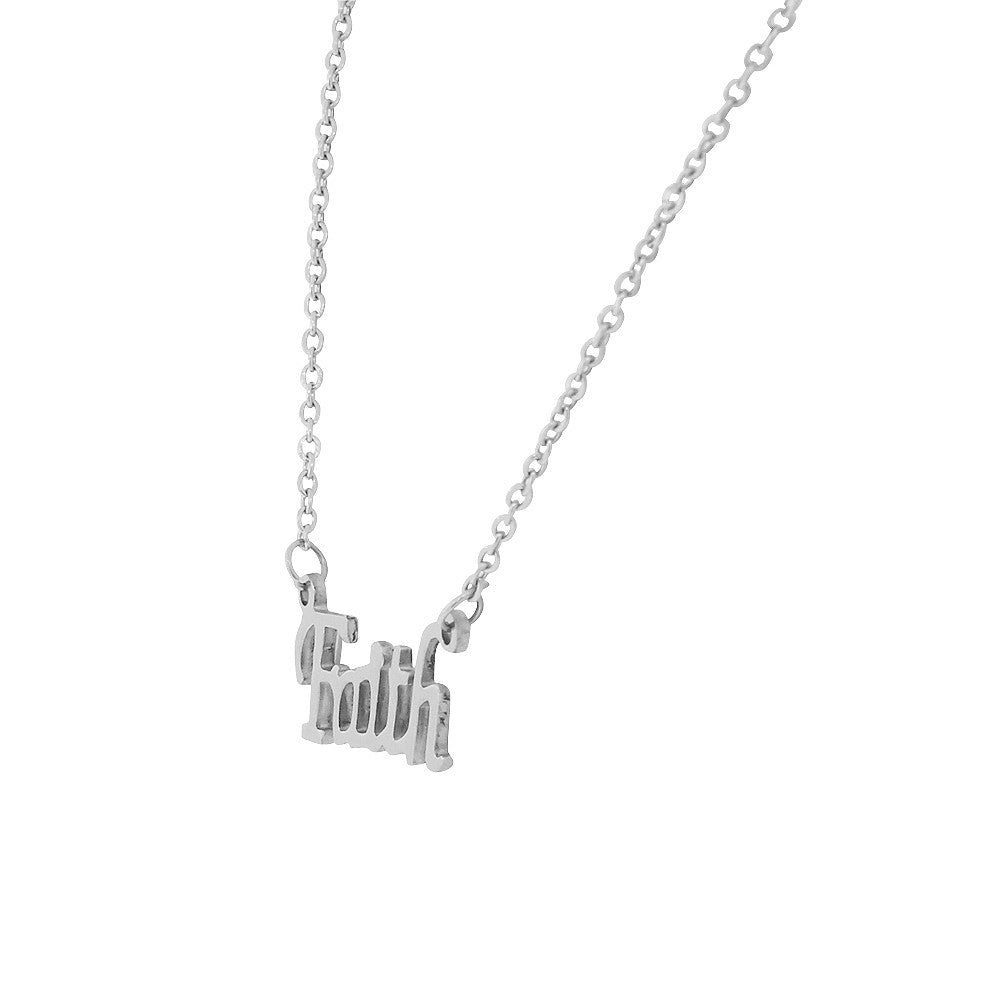 Stainless Steel Silver-Tone Faith Script Pendant Necklace