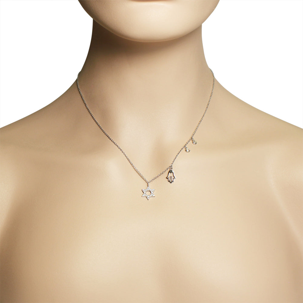 925 Sterling Silver Jewish Star of David Hamsa Bezel-Set White CZ Pendant Necklace