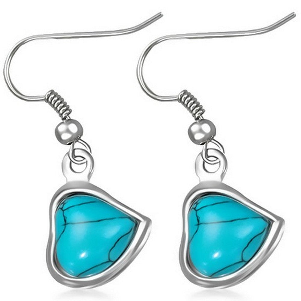 Blue Turquoise-Tone Love Heart Dangle Earrings