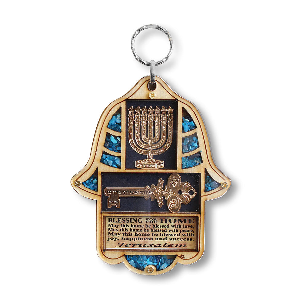Jewish Wooden Hamsa Menorah Blessing for Home - Good Luck Wall Decor with Simulated Turquoise