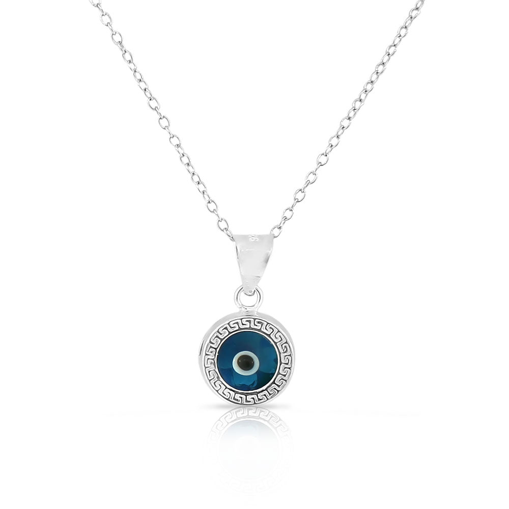 Greek Key Two Sided Evil Eye Necklace Sterling Silver