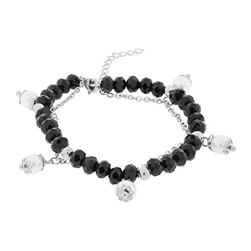 Stainless Steel Black White Simulated Pearls Link Chain Bracelet