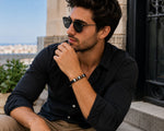 Men's Black Leather Bracelet Stainless Steel Two Tone Brown & Silver 5 Section Design, 8 Inch Men's Fashion Bracelet