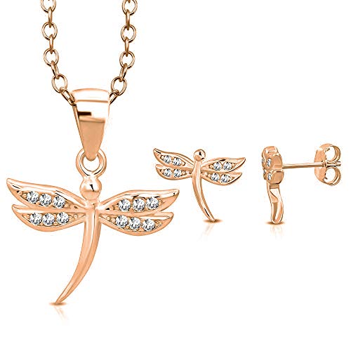 925 Sterling Silver Rose Gold-Tone CZ Small Dragonfly Insect Pendant Stud Earrings Jewelry Set