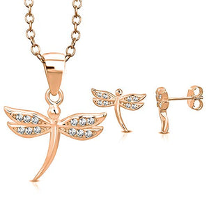 925 Sterling Silver Rose Gold-Tone CZ Small Dragonfly Insect Pendant Stud Earrings Jewelry Set