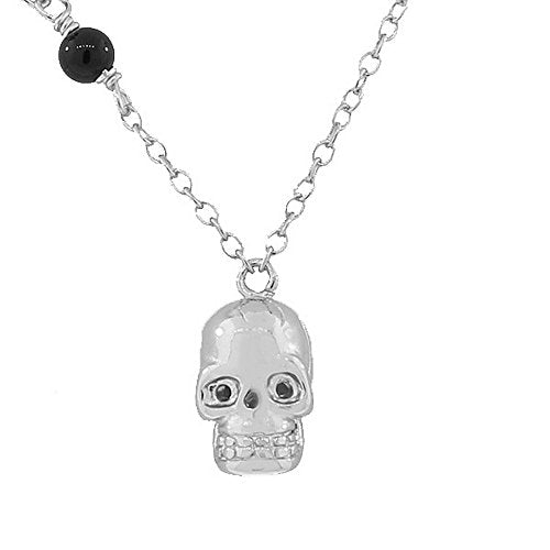 925 Sterling Silver Yellow Gold-Tone Black CZ Skull Charm Pendant Necklace