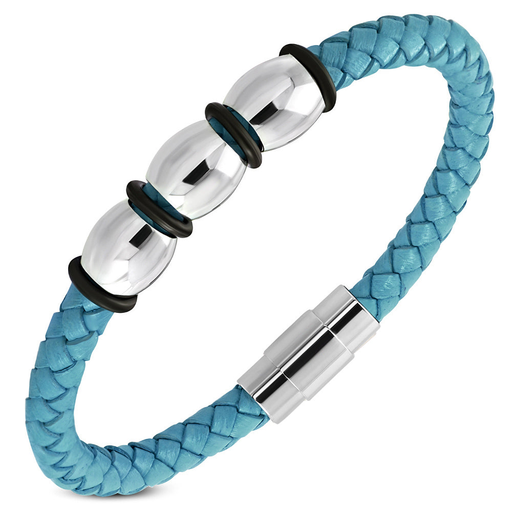 Stainless Steel Silver Blue Leather Braided Wristband Bracelet, 8"