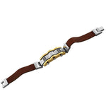 Stainless Steel Brown Leather Two-Tone Black CZ Men's Bracelet