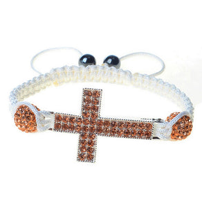 Silver-Tone Cross Rose Gold CZ Adjustable Macrame Bracelet