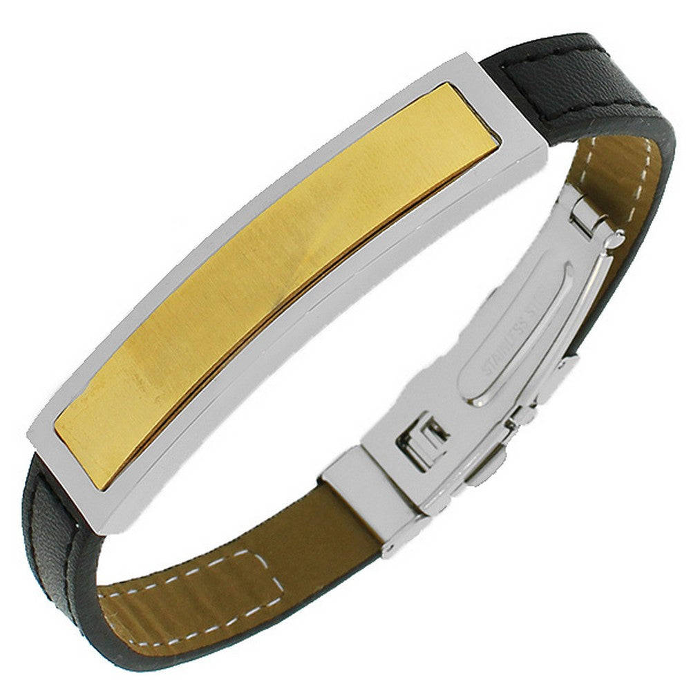 Stainless Steel Black Leather Yellow Gold-Tone Silver-Tone Men's Bracelet
