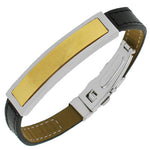 Stainless Steel Black Leather Yellow Gold-Tone Silver-Tone Men's Bracelet