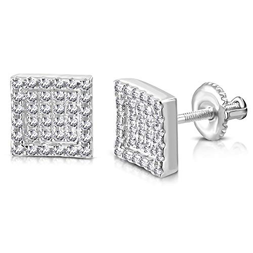 Sterling Silver Yellow Gold-Tone Square White Clear CZ Screw Back Stud Men's Earrings, 0.30"