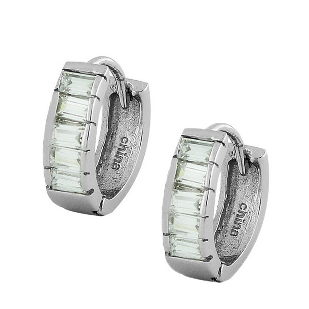 925 Sterling Silver White Baguette CZ Hoop Huggie Earrings