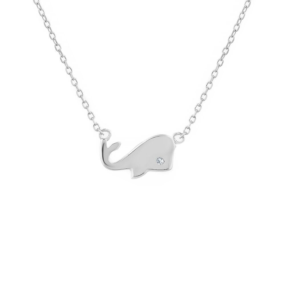 Sterling Silver White Clear CZ Polished Whale Pendant Necklace