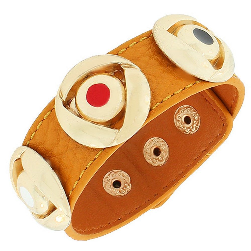 Light Brown PU Leather Yellow Gold-Tone Round Charms Multicolor Snap Wristband Bracelet