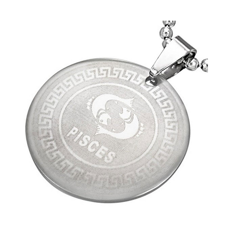 Stainless Steel Silver-Tone Greek Key Zodiac Sign Necklace Pendant - Pisces