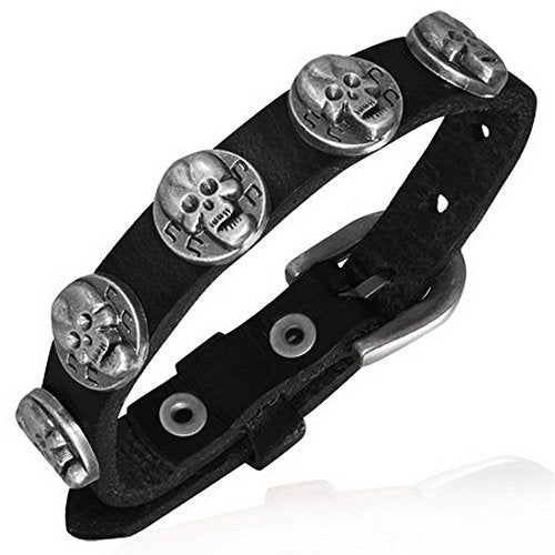 White Leather Alloy Silver-Tone Skull Links Adjustable Wristband Mens Wrap Bracelet