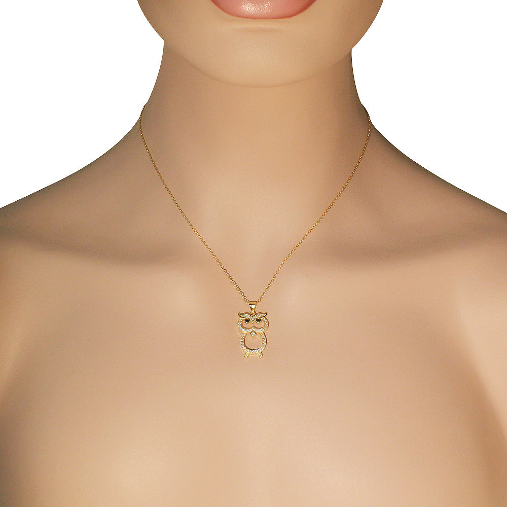 925 Sterling Silver Yellow Gold-Tone White Black CZ Owl Bird Pendant Necklace