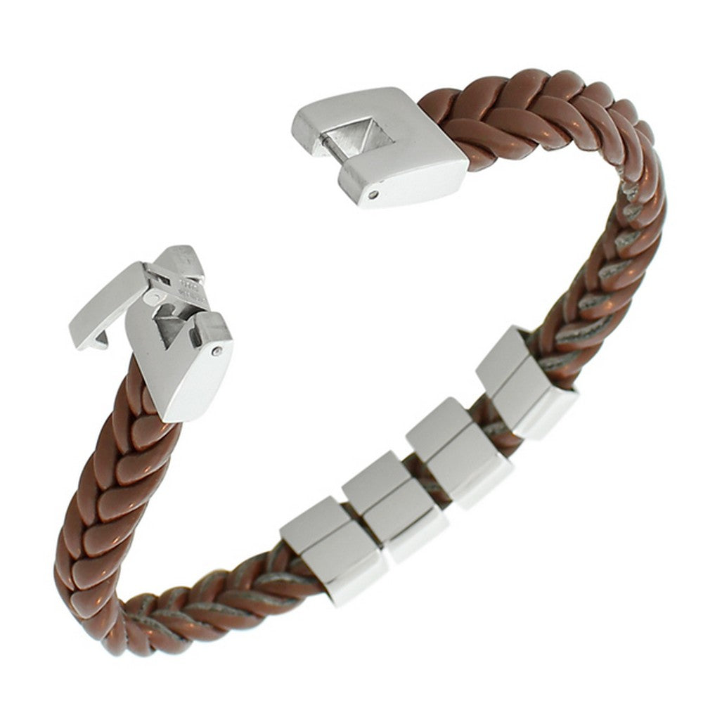 Stainless Steel Light Brown Faux PU Leather Braided Silver-Tone Men's Bracelet