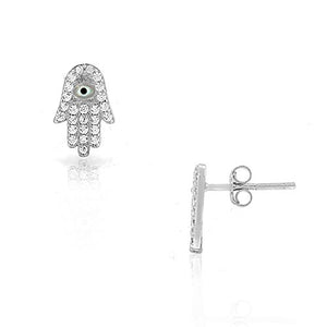 925 Sterling Silver White CZ Evil Eye Hamsa Good Luck Protection Small Stud Earrings