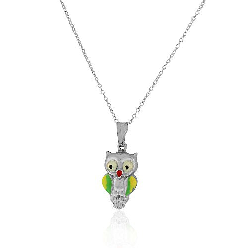 925 Sterling Silver 3D Green Yellow Enamel Owl Charm Pendant Necklace