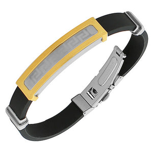 Stainless Steel Black Rubber Silicone Two-Tone Greek Key Men's Bracelet