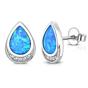 925 Sterling Silver White Clear CZ Blue Simulated Opal Teardrop Stud Earrings