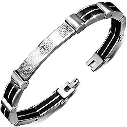 Stainless Steel Silver Padre Nuestro Spanish Prayer Mens Bracelet, 8.5"