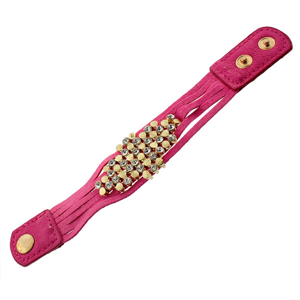 Faux Pink Suede Leather Yellow Gold-Tone White CZ Wristband Wrap Bracelet