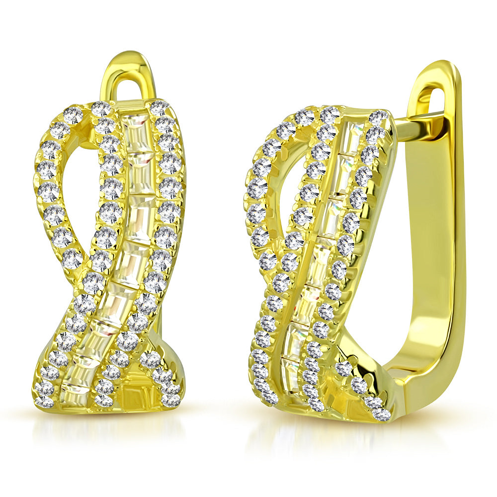 925 Sterling Silver Yellow Gold-Tone Baguette Round CZ Hoop Huggie Earrings