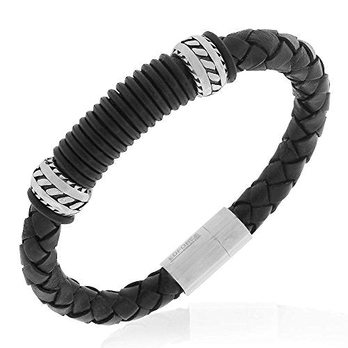 Stainless Steel Black Leather Silver-Tone Mens Bracelet