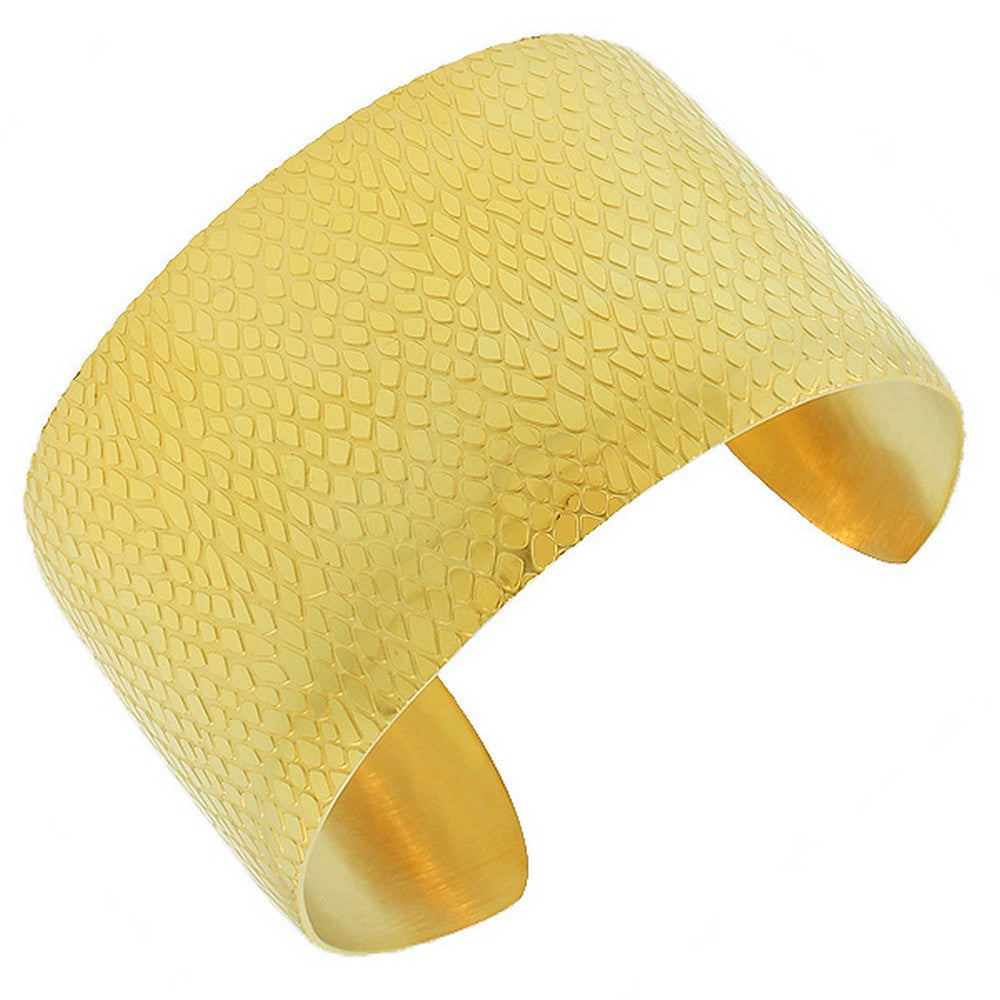 Stainless Steel Yellow Gold-Tone Open End Wide Snake Skin Design Cuff Bangle Bracelet
