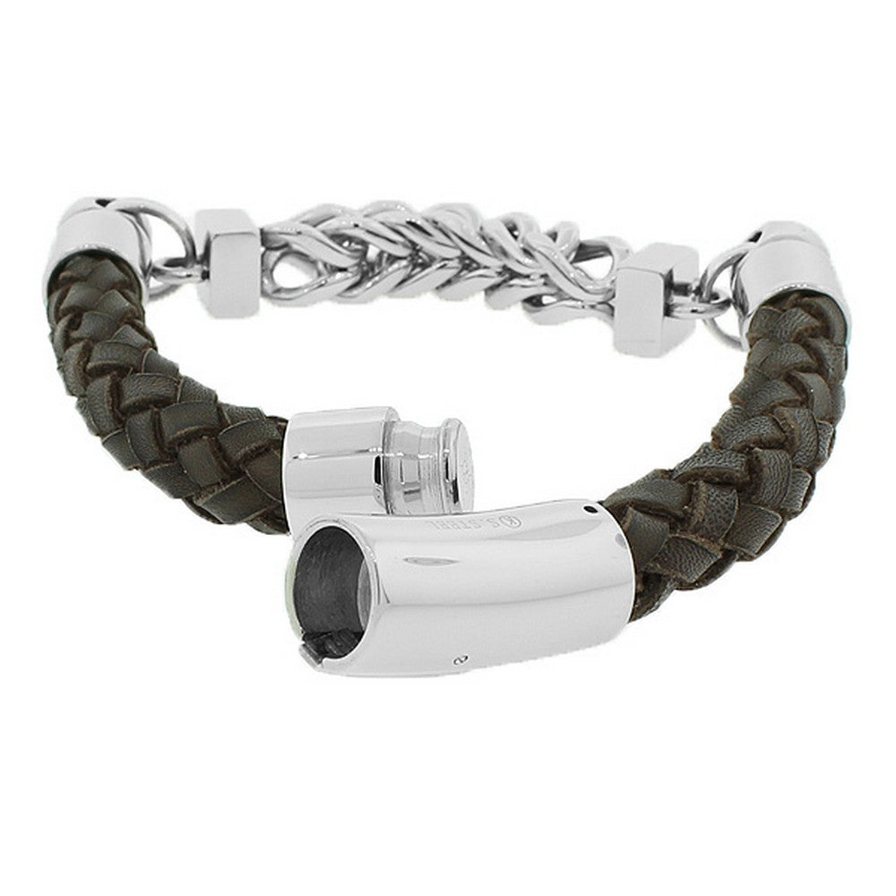Stainless Steel Brown Leather Silver-Tone Link Chain Men's Bracelet