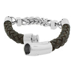 Stainless Steel Brown Leather Silver-Tone Link Chain Men's Bracelet