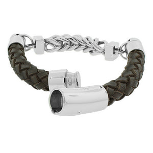 Stainless Steel Brown Leather Silver-Tone Link Chain Men's Bracelet