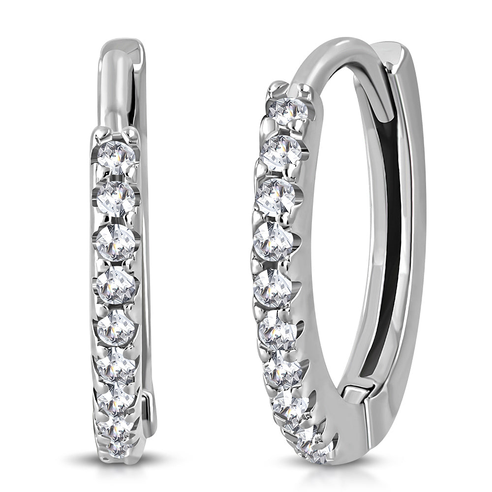 Sterling Silver White Clear CZ Hoop Huggie Earrings 0.65"