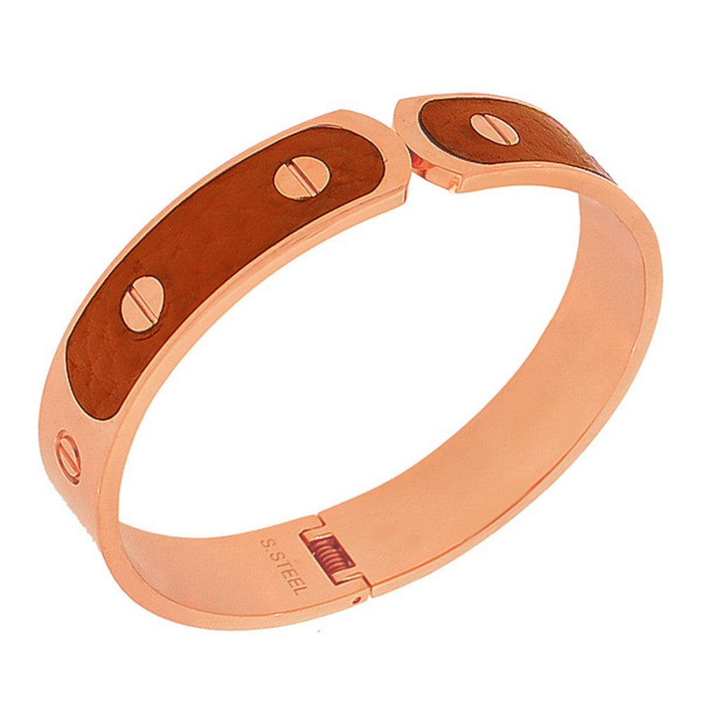 Stainless Steel Brown Faux PU Leather Rose Gold-Tone Cuff Bracelet