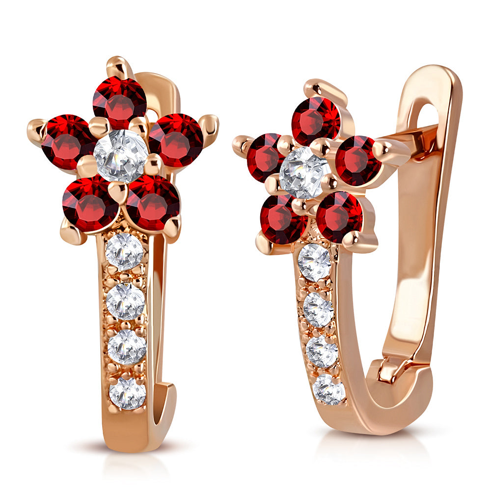 925 Sterling Silver Rose Gold-Tone Red CZ Small Girls Hoop Huggie Flower Floral Earrings, 0.5"