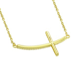925 Sterling Silver Yellow Gold-Tone Womens Sideways Religious Cross White CZ Pendant Necklace